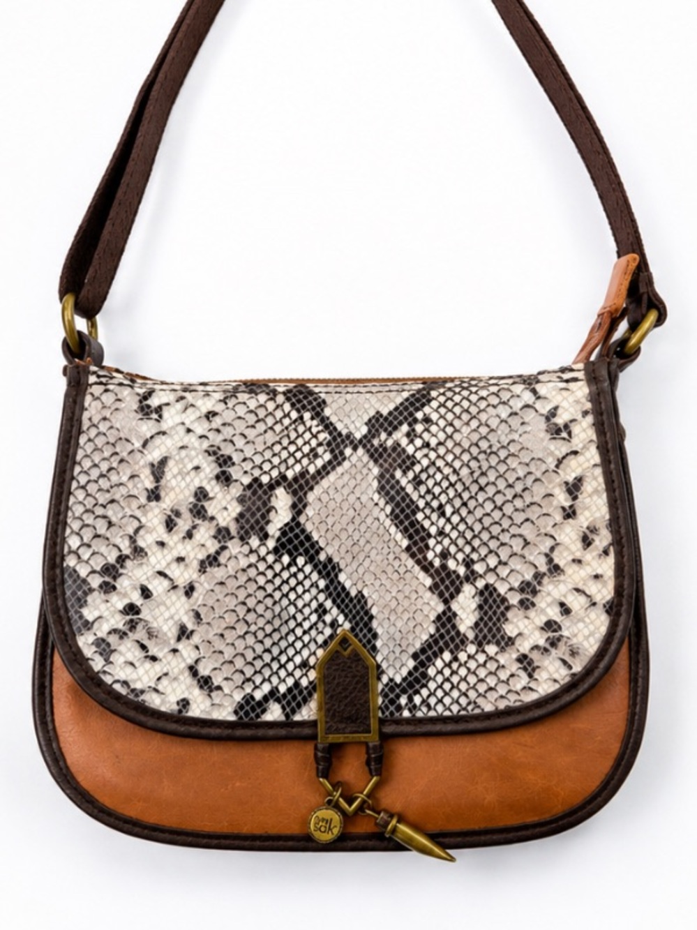 The Sak Leather Snakeskin Flap Crossbody Bag Brown Adjustable Shoulder
